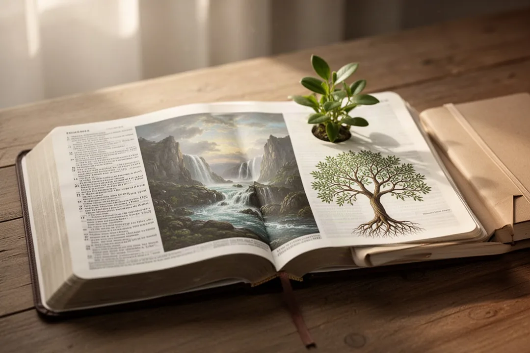Open Bible and journal representing Genesis creation and family stories