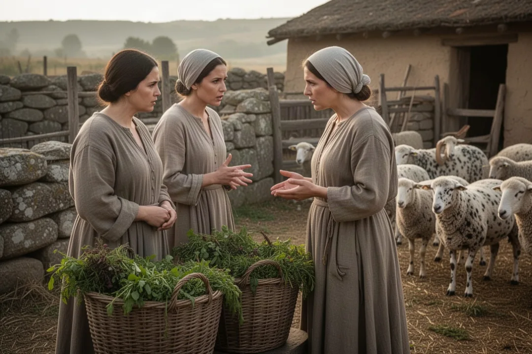 Rachel, Leah, and Jacob’s household beside ancient sheep pens