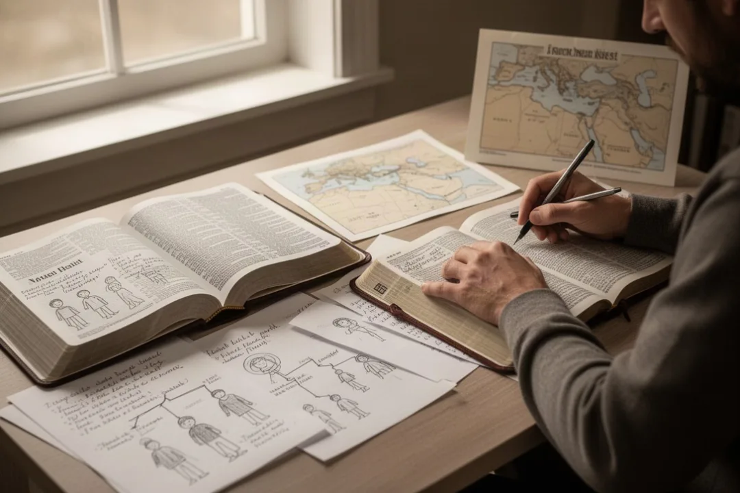 Open Bible and study notes for exploring Genesis themes