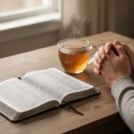 Open Bible and journal beside hands in quiet prayer