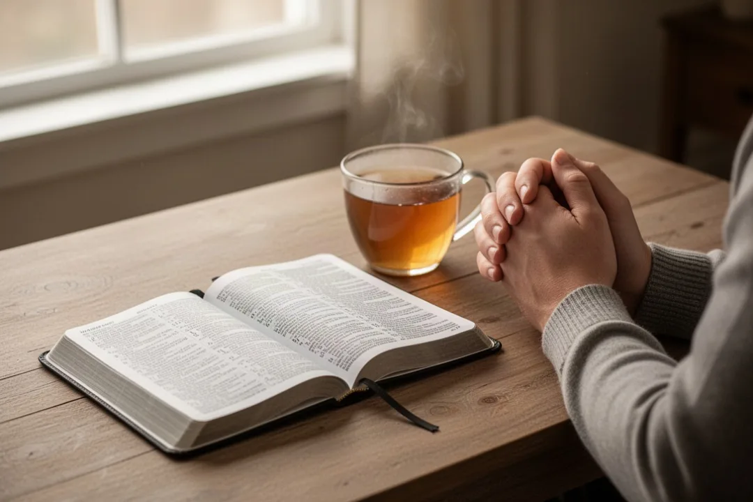 Open Bible and journal beside hands in quiet prayer