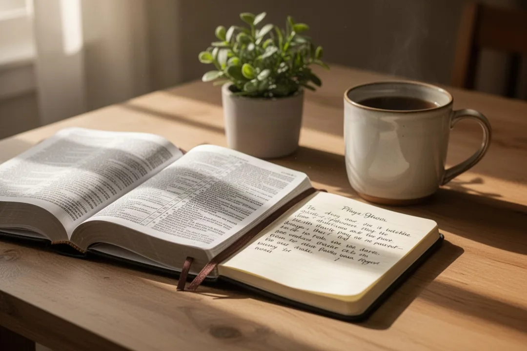 Open Bible and prayer journal representing gratitude and thanksgiving