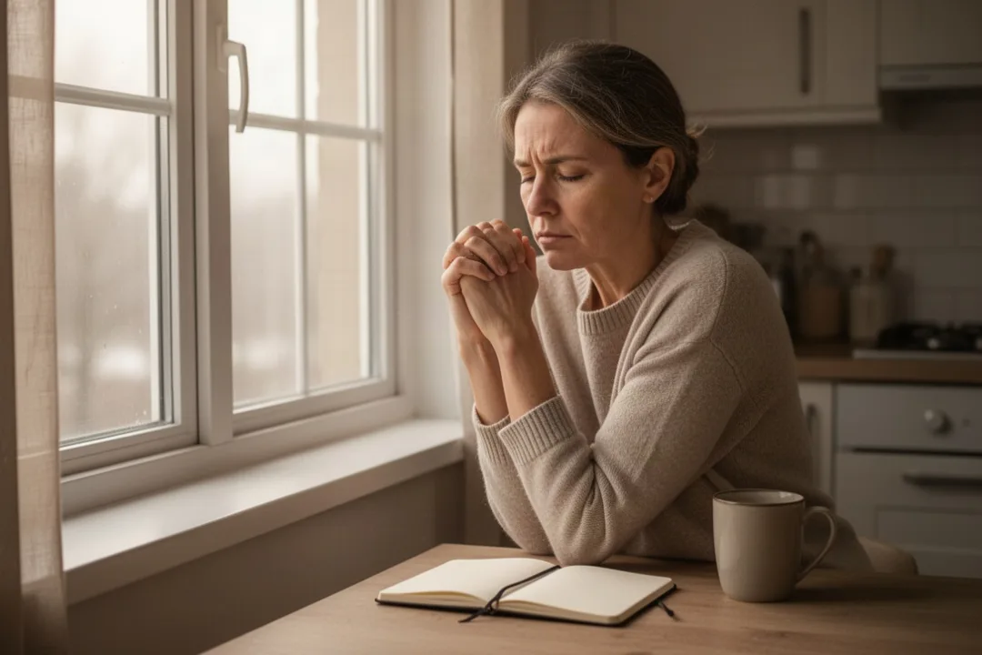 Tired person praying quietly beside a sunlit kitchen window