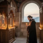 Monk praying quietly inside a Byzantine monastery chapel at dawn