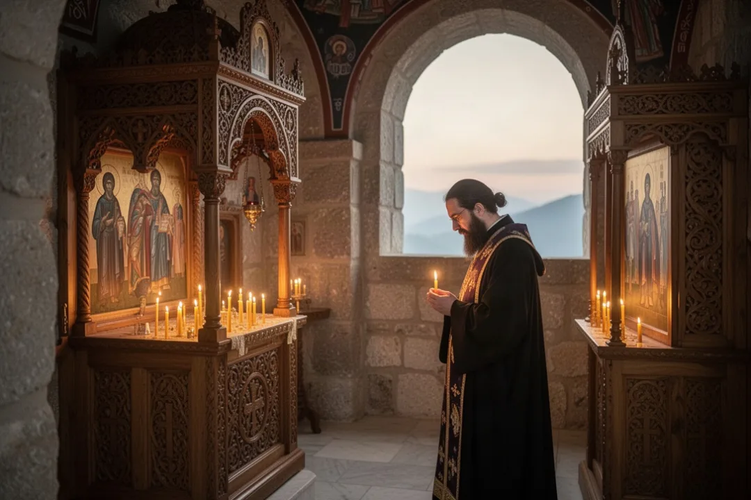 Monk praying quietly inside a Byzantine monastery chapel at dawn