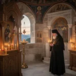 Monk praying quietly inside a Byzantine monastery chapel at dawn