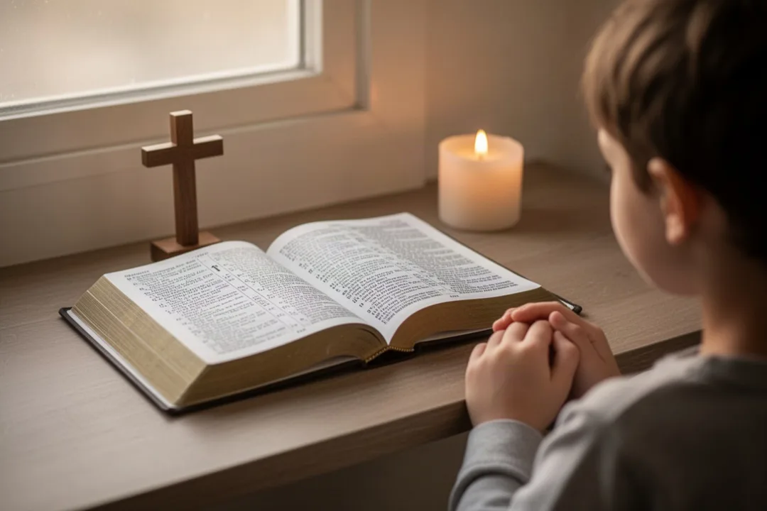Catholic family prayer corner honoring guardian angels at home