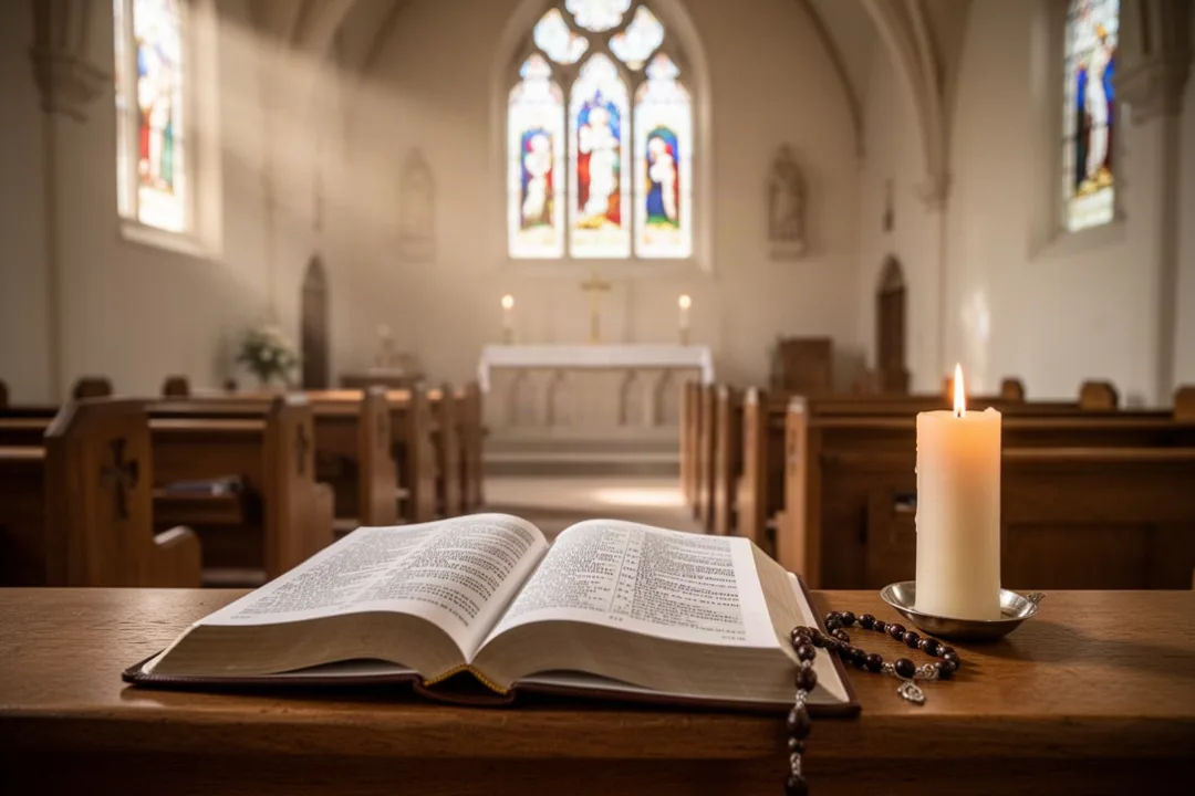Latin prayer book and rosary beside a candle in a quiet church