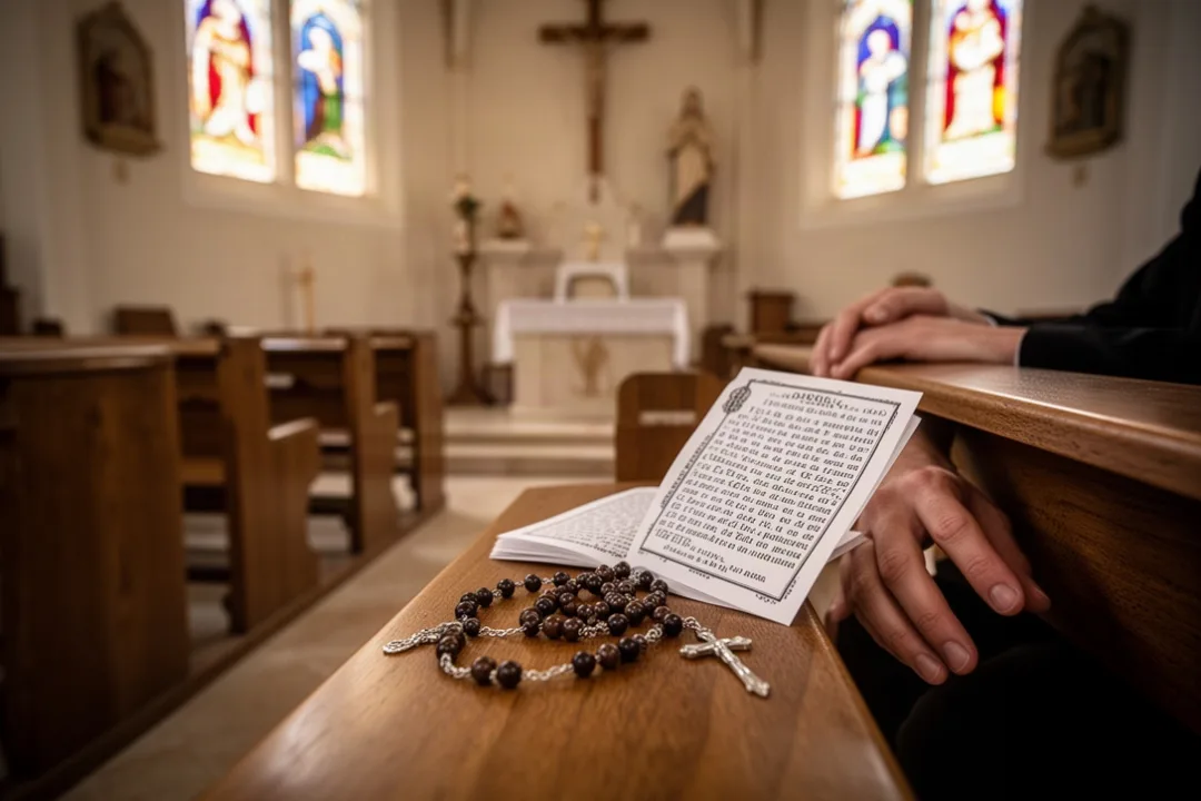 Spanish prayer booklet and Rosary beads on a church pew
