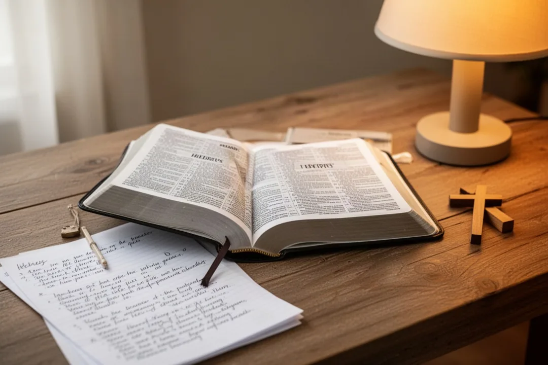Open Bible and study notes arranged for a Hebrews Bible study