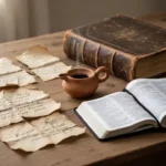 Ancient manuscripts and modern Bible showing the history of Scripture