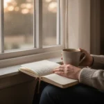 Person praying quietly beside a journal in soft morning light