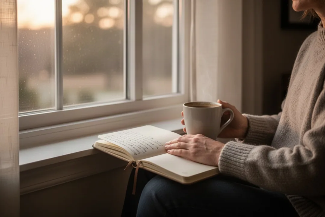 Person praying quietly beside a journal in soft morning light