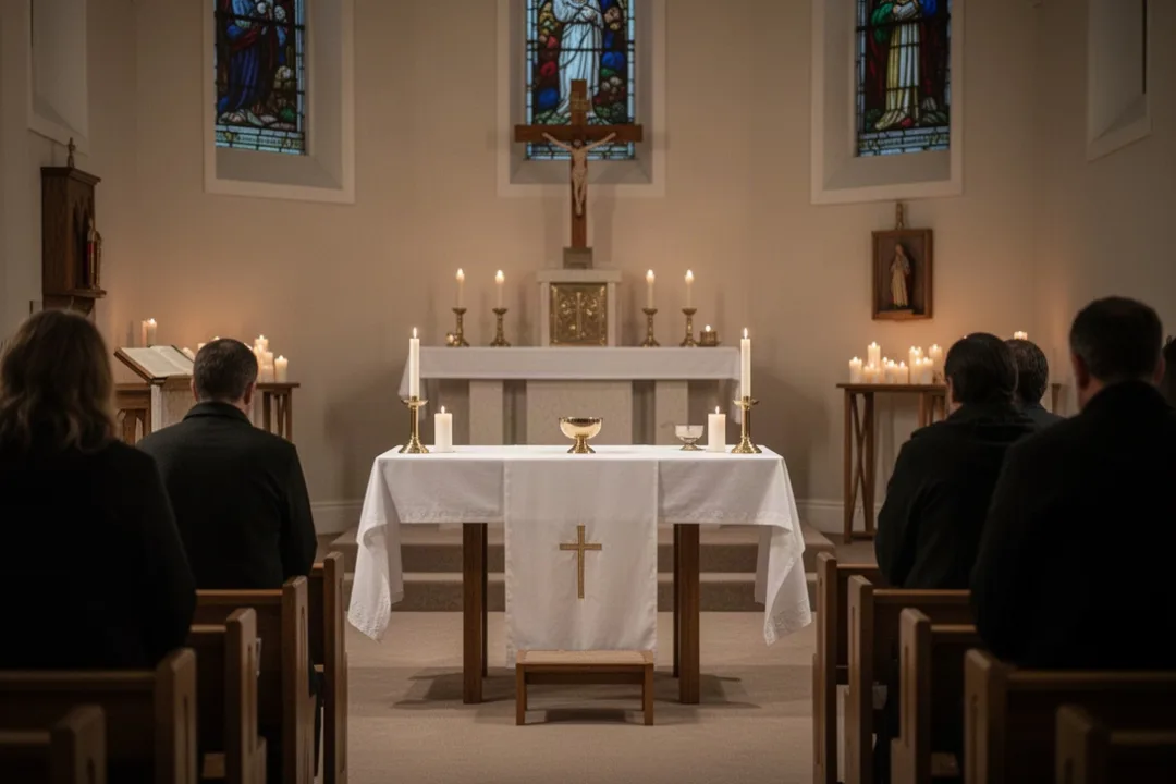 Holy Thursday evening service with communion table, candles, and worshipers praying