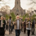 Worshipers carrying palm branches during a Palm Sunday procession