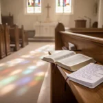 Open Bible and prayer journal resting on a sunlit church pew