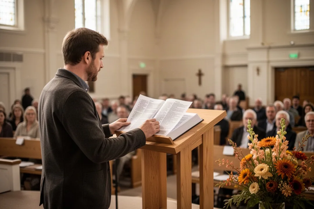 Worship leader preparing a homily beside Scripture readings