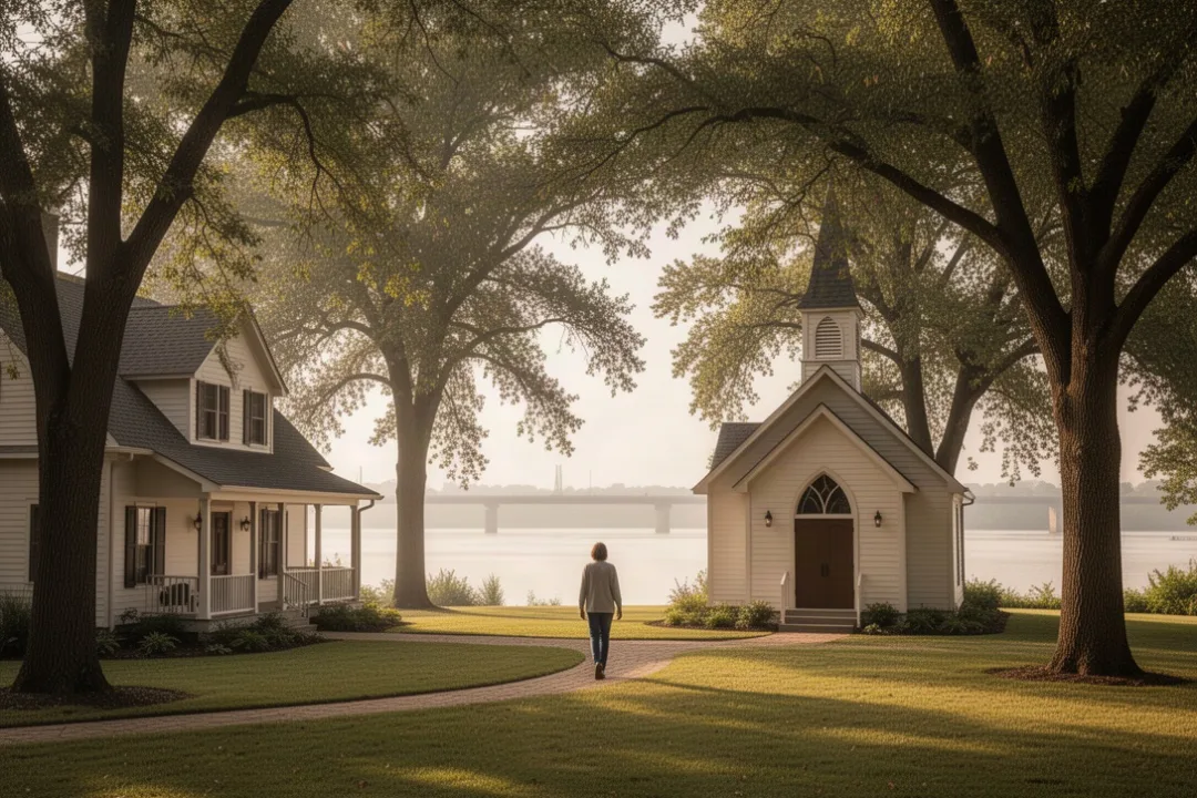 Person walking quietly through Manresa retreat grounds toward a chapel