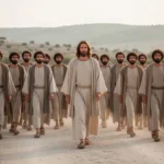 How many apostles were there in the Bible? Jesus walking with the twelve apostles along a Galilean road