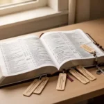 Catholic Bible open beside rosary with Old and New Testament bookmarks