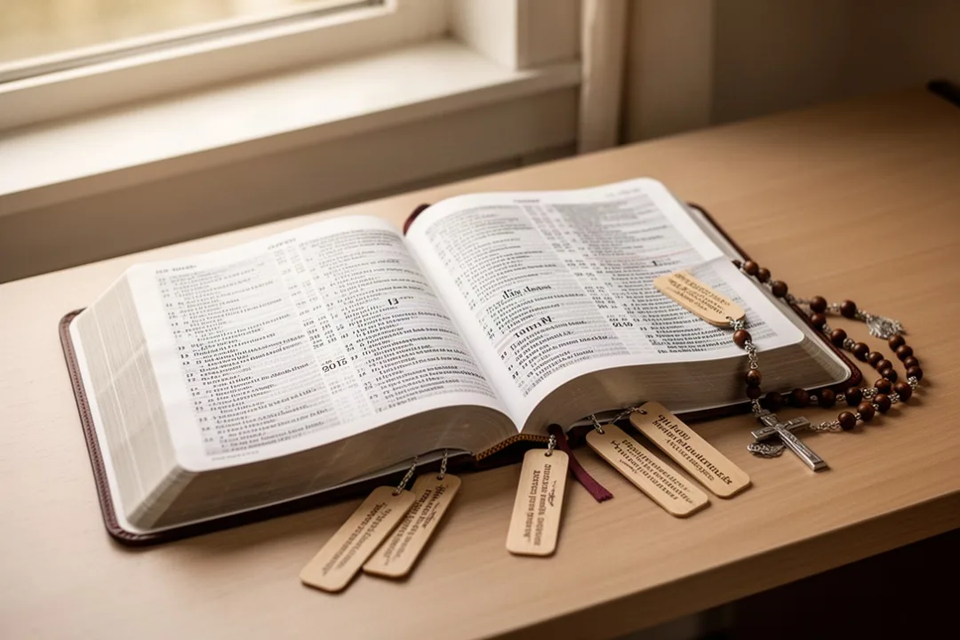 Catholic Bible open beside rosary with Old and New Testament bookmarks