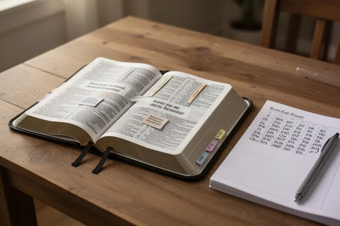 Open Bible and notebook representing a study of “fear not” passages