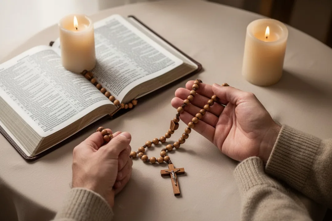 Rosary beads, Bible, and candle arranged for quiet prayer
