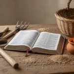 Open Bible surrounded by objects representing Jesus’ parables
