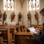 Visitor examining a church calendar near statues of saints