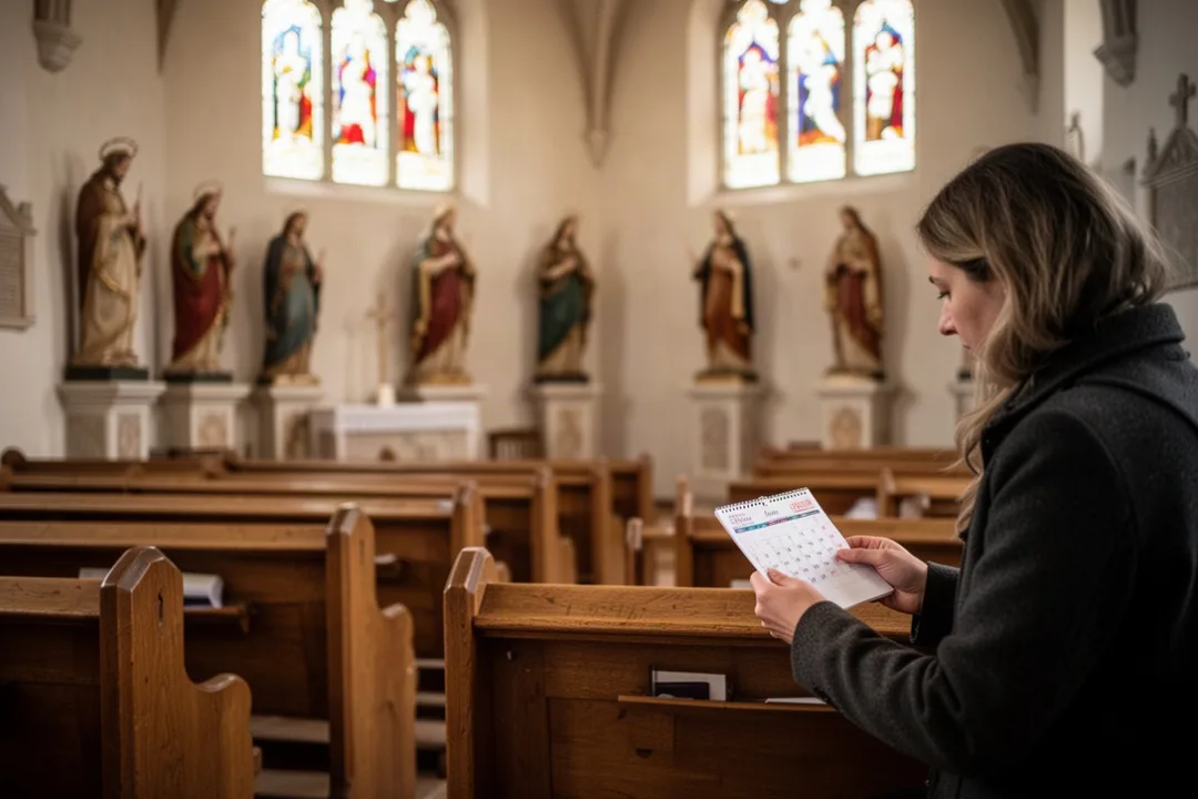 Visitor examining a church calendar near statues of saints
