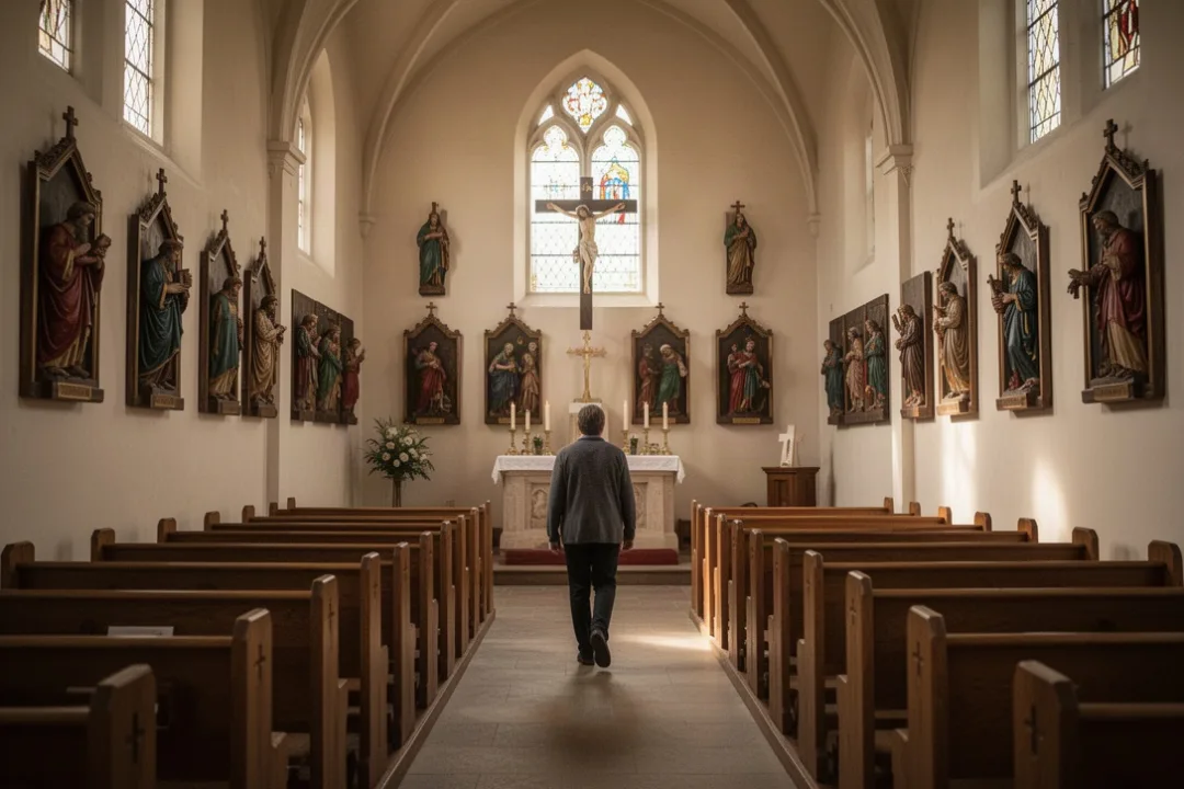 Worshiper walking through traditional Stations of the Cross in a church