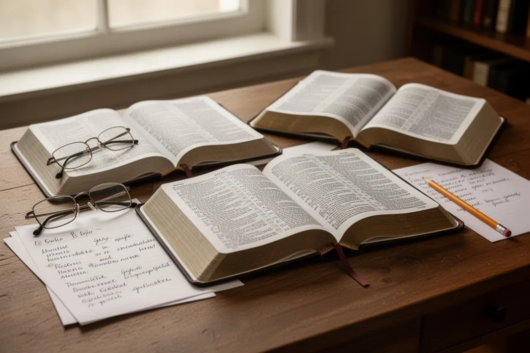 Open Bible translations arranged for comparison on a study table