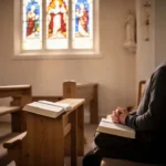 Person praying quietly in a sunlit church beside an open Bible
