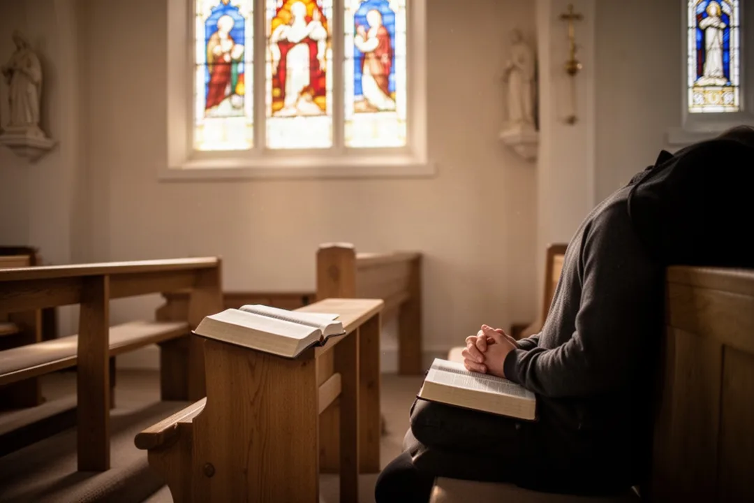 Person praying quietly in a sunlit church beside an open Bible