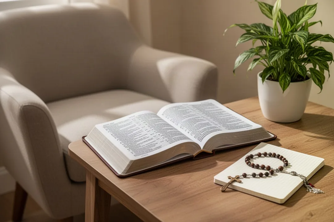 Open Catholic Bible beside rosary and notebook in a bright reading space