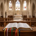 Open daily missal resting on a church pew before Mass