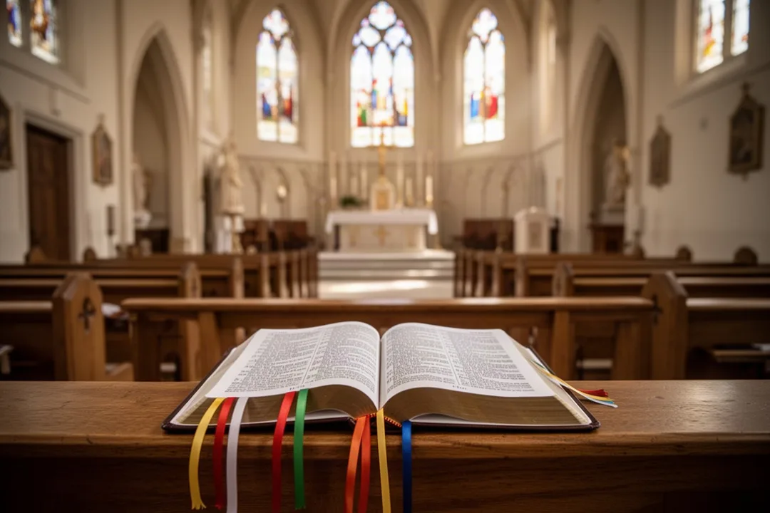 Open daily missal resting on a church pew before Mass