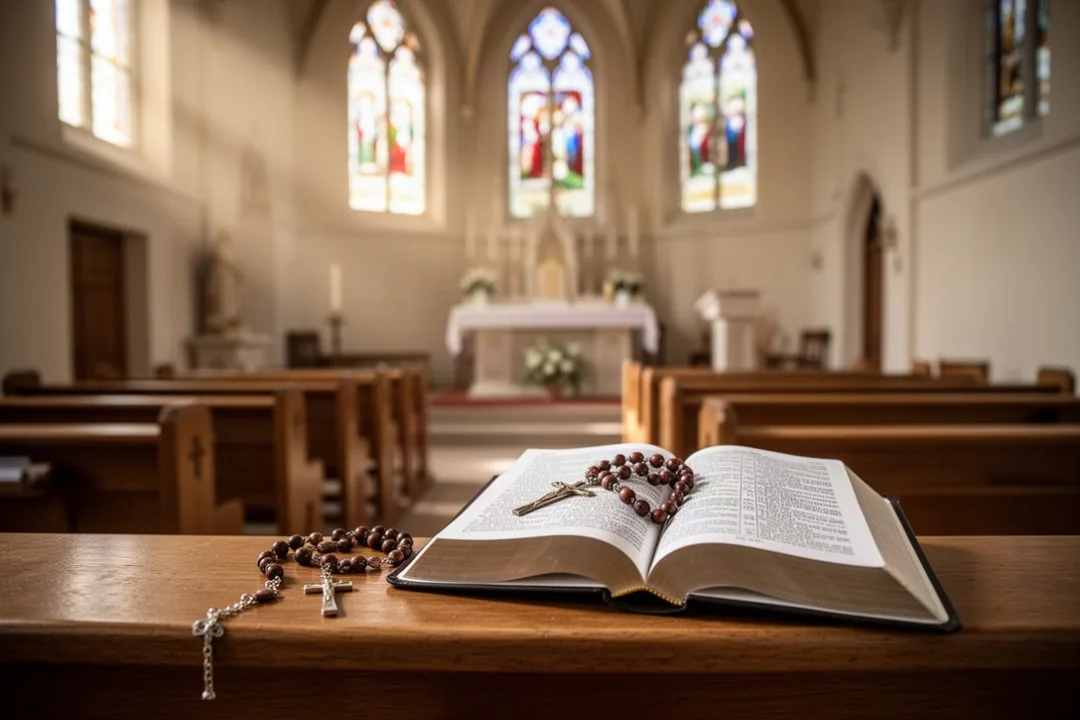 Rosary and Bible on a church pew during First Saturday prayer