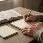 Person writing a repentance prayer beside an open Bible