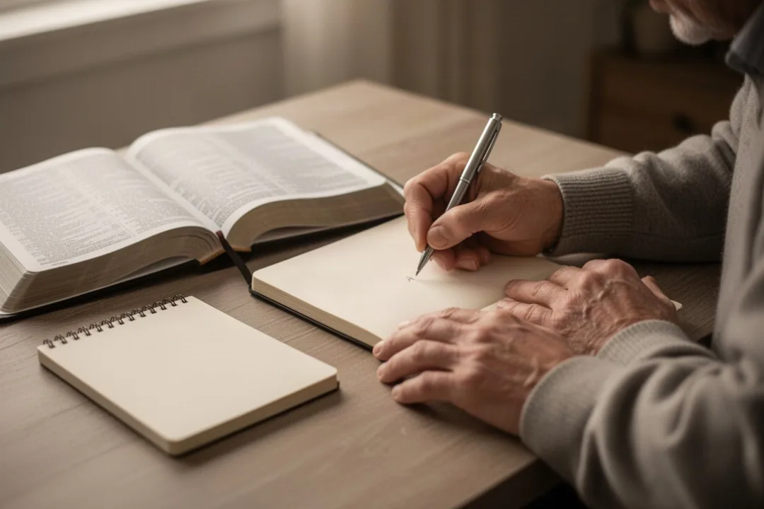 Person writing a repentance prayer beside an open Bible