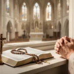 Catholic prayer corner with Bible, rosary, crucifix, and soft natural light