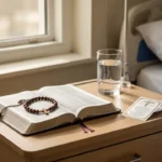 Chaplet and Bible beside a hospital bed for healing prayer
