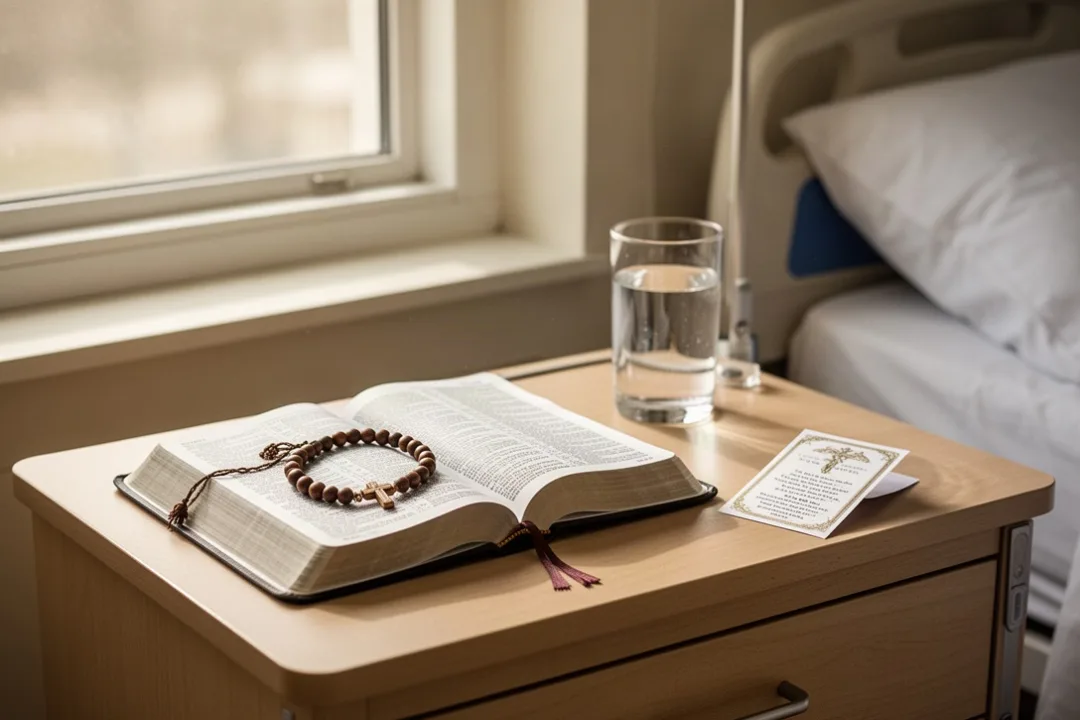Chaplet and Bible beside a hospital bed for healing prayer