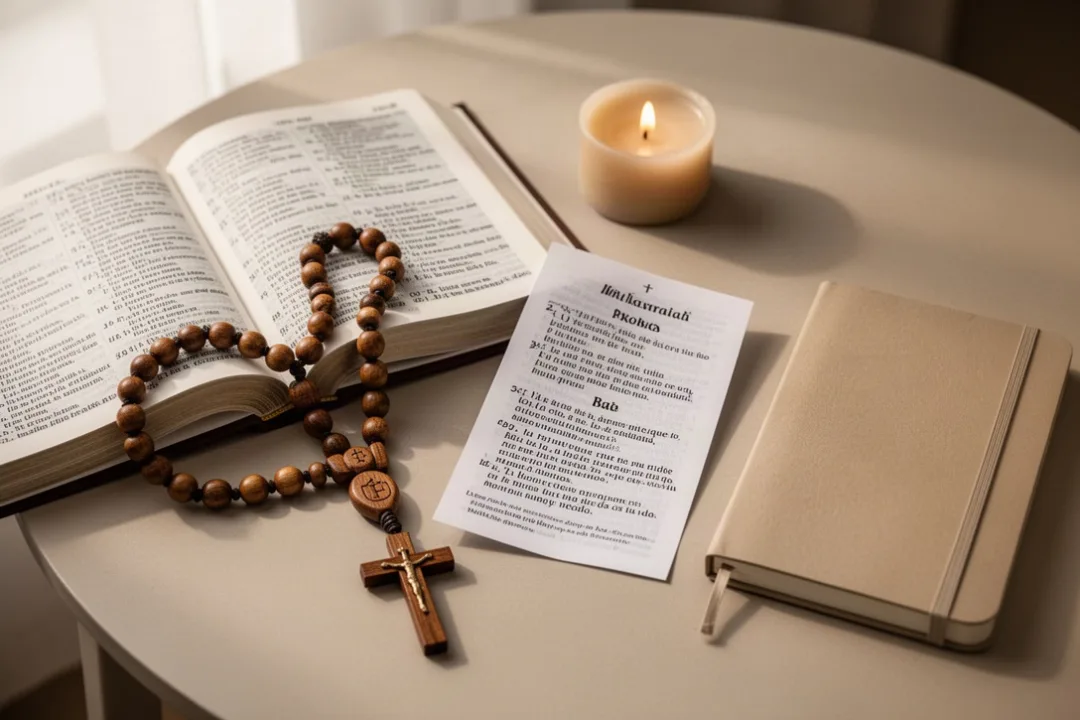 Wooden rosary beside Latin prayer booklet and candle