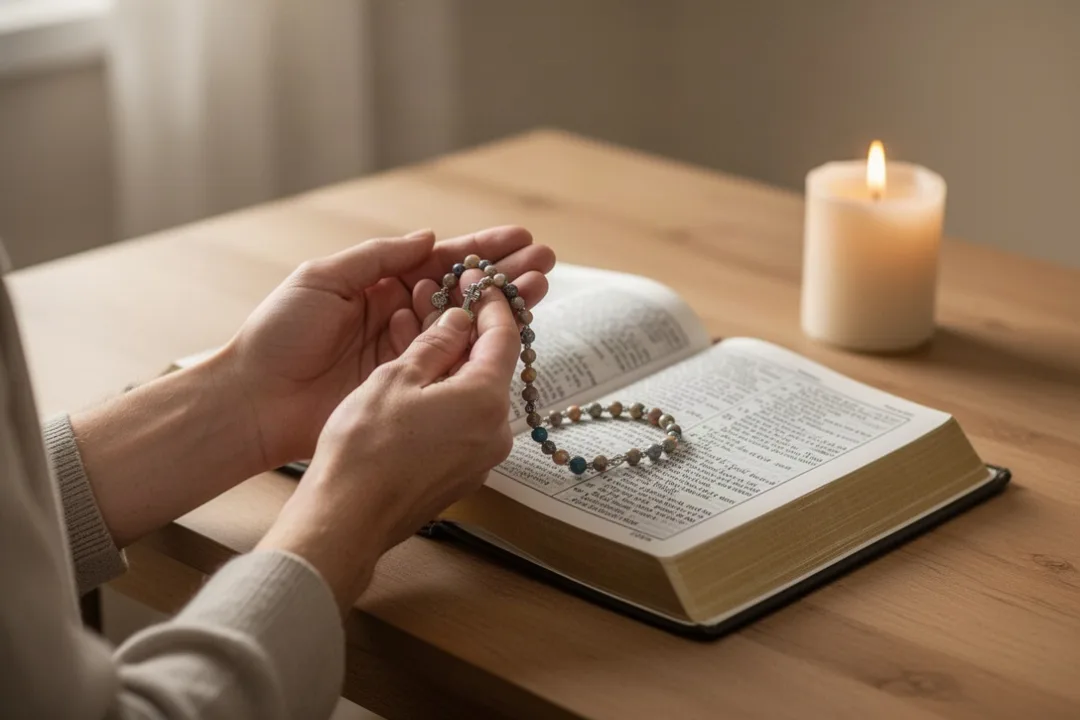 Hands holding a Saint Jude chaplet beside an open prayer book