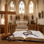 Rosary beads and prayer booklet beside a church cross