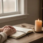 Quiet prayer space with journal and candle symbolizing forgiveness