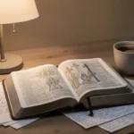 Open Bible and study notes prepared for reading Revelation