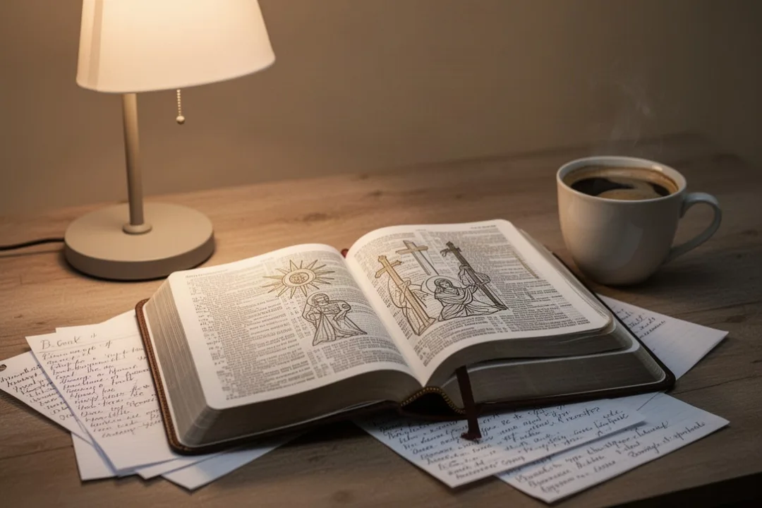 Open Bible and study notes prepared for reading Revelation