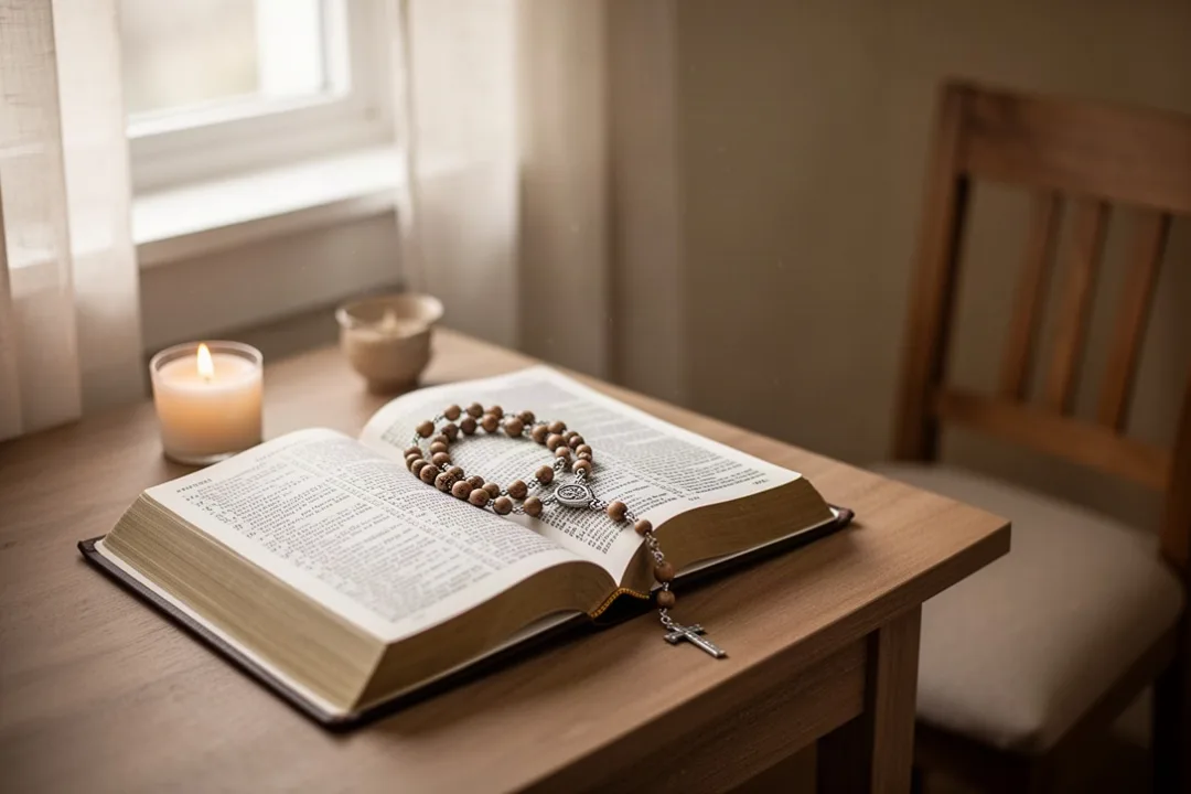 Rosary beads resting beside an open prayer book in soft morning light